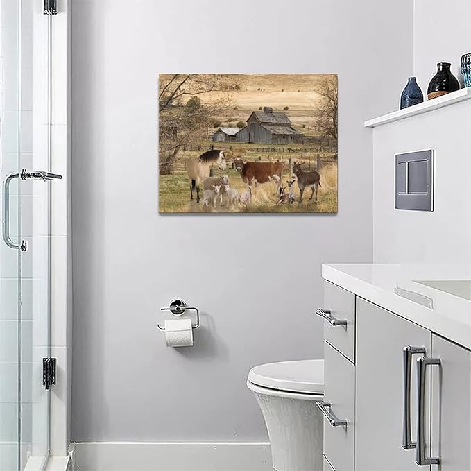 yerretin Farm Animal Wall Art Country Old Barn Pictures Wall Decor Rustic Canvas Print Farmhouse Landscape Painting Modern Home Artwork for Living Room Bedroom Bathroom Office Framed, 16"x12"