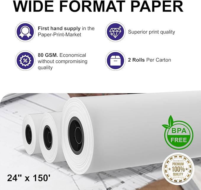 24" x 150ft Wide Format Paper 2" Core, White Plotter Paper CAD Bond 2 Rolls