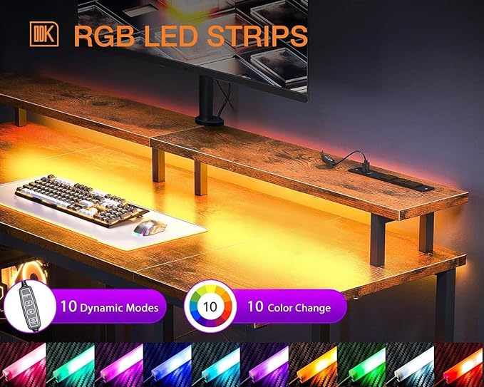 ODK 48 inch Gaming Desk with LED Lights & Power Outlets, Computer Desk with Monitor Stand & Storage Sheves, CPU Stand, Home Office Desk, Vintage