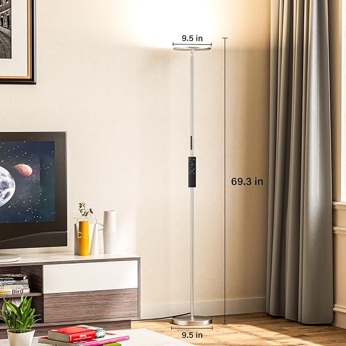 Modern LED Floor Lamp - Remote & Touch Control, 36W/1500LM Sky Torchiere Standing Lamp, Fully Dimmable, 3 Color Temperatures, Ideal for Living Room & Bedroom, Easy to Assemble(Grey)
