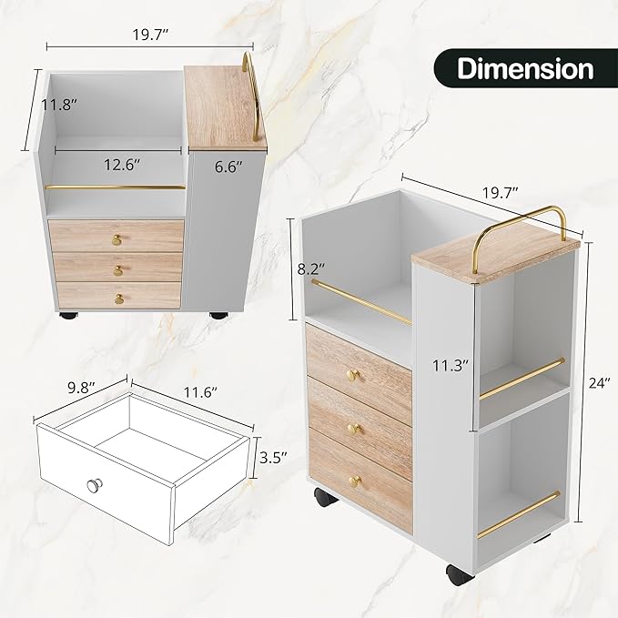 3 Drawer Mobile File Cabinet, Wood Rolling Filing Cabinet with Lockable Wheels, Utility Cart with Open Storage Shelves Home Office Fits A4/Legal, 19.7" x 11.8" x 26.3", Light Walnut