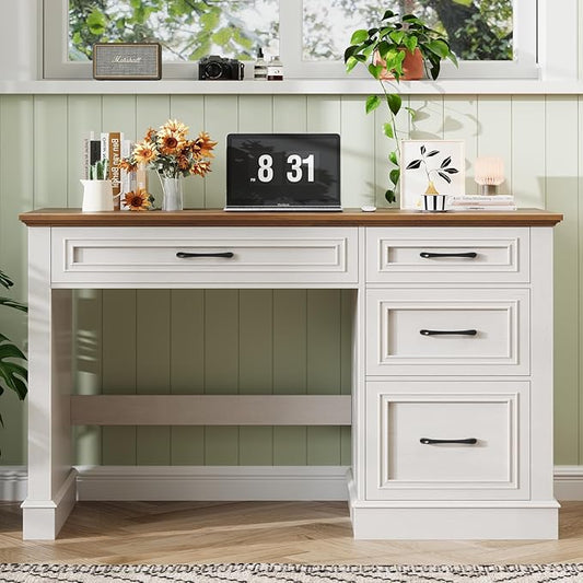 Farmhouse 47" Executive Desk with 4 Drawers, Computer Desk with File Drawer, Workstation for Study, Home Office, Writing, Unique White.