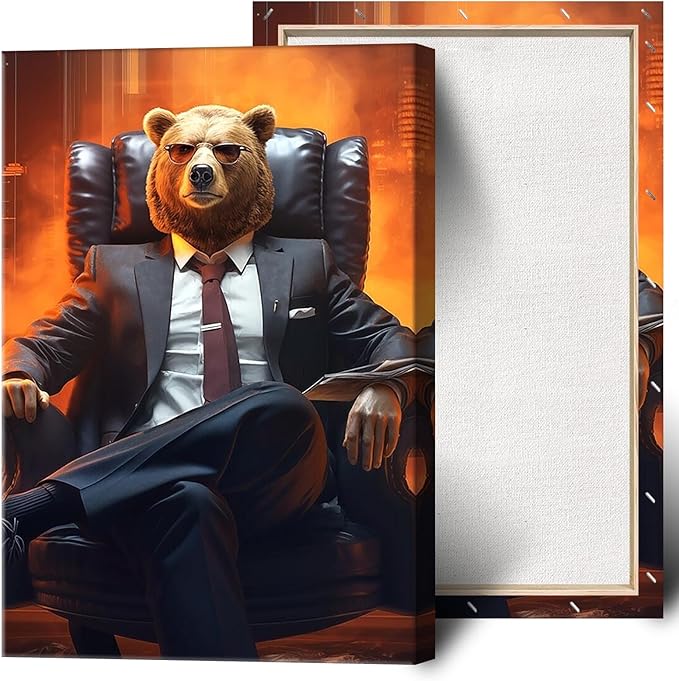 Trendy Suit Animal Bear Portrait Wall Art Funny Boss Bear Canvas Posters Work Struggle Motivation Inspiring Prints Painting For Office Living Room Wall Decor 12x16in Framed