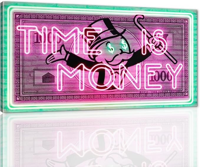 Time Is Money Show me the Money Motivational Office Canvas Art Green Pink Inspirational Wall Art Canvas Print Home Office Room Decor Inspirational Gifts for Men HD Print Framed Easy to Hang-40 Wx20 H