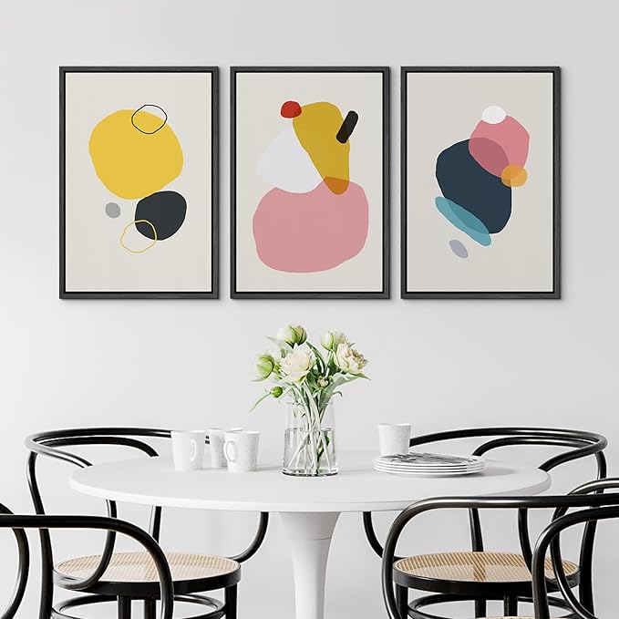 SIGNFORD Framed Wall Art Print Set Yellow, Pink, Black & Blue Transparent Blots Abstract Shapes Digital Art Modern Art Contemporary Colorful for Living Room, Bedroom, Office - 16"x24"x3 Black
