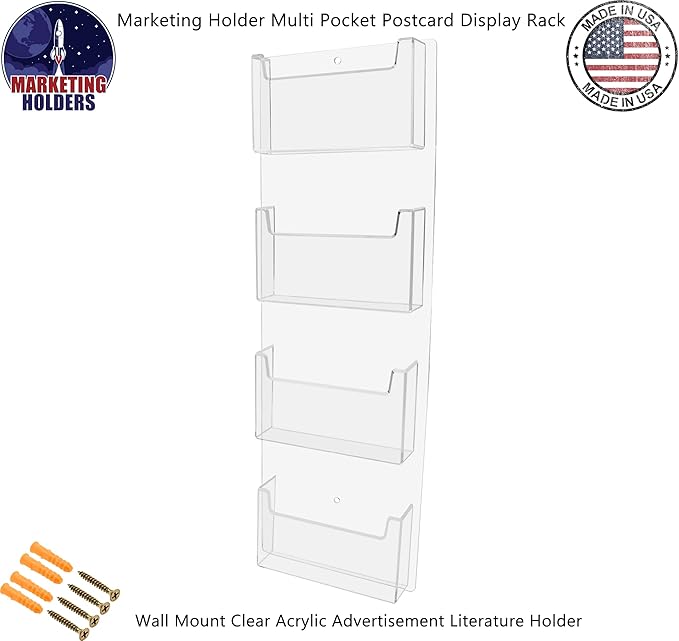 Marketing Holders Postcard Holder Clear Acrylic 4 Pocket Wall Rack with Hanging Hardware Holds 6 x 4 Printed Materials Mail Bin Messages Rack for Libraries Cruise Ships or Airports