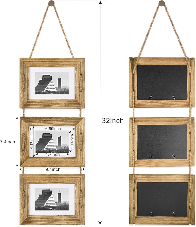 DLQuarts 5x7 Hanging Picture Frames Collage Wall Decor, 3-Frame Set, 3.5x5 with Mat or 5x7 Without Mat, Rustic Solid Wood Photo Frame Pack of 2 Carbonized Black