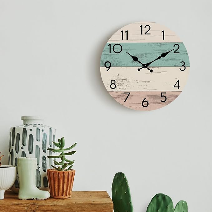 Wall Clock Silent Non-Ticking Wooden Clocks Battery Operated 8 Inch Small Country Retro Rustic and Beach Style Decorative for Kitchen, Home, Bathroom, Bedroom (Green)