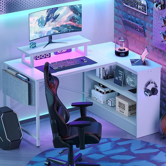 Bestier L Shaped Gaming Desk with LED Lights, 42 Inch Computer Desk with Monitor Stand & Open Storage Cabinet,Writing Study Corner Desk for Home Office Bedroom, White