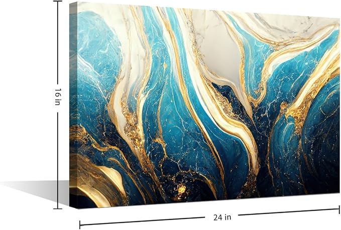 Canvas Wall Art for Men Modern Abstract Design Art Poster Turquoise Gold and White Colors Picture Printing 1 Panel House Wall Decor for Living Room Bedroom Decor Stretched Ready to Hang 24x16 in
