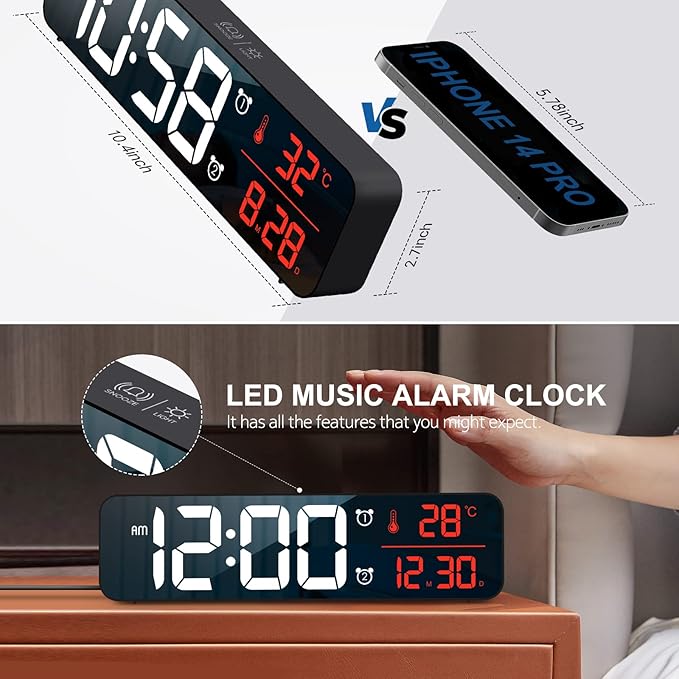 Hournor Digital Clock for Bedroom, Digital Wall Clock for Living Room Decor, Desk Table Clocks, Digital Clock Large Display, Bedroom Smart Alarm Clock for Office Red