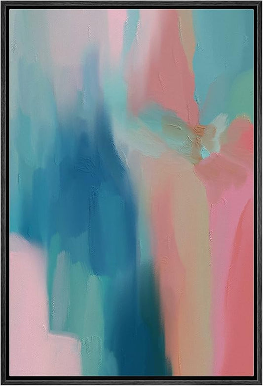 MUDECOR Framed Canvas Print Wall Art Vibrant Blue Pink Pastel Watercolors Abstract Shape Illustrations Modern Art Decorative Bohemian Colorful Chic for Living Room, Bedroom, Office - 16"x24" Black