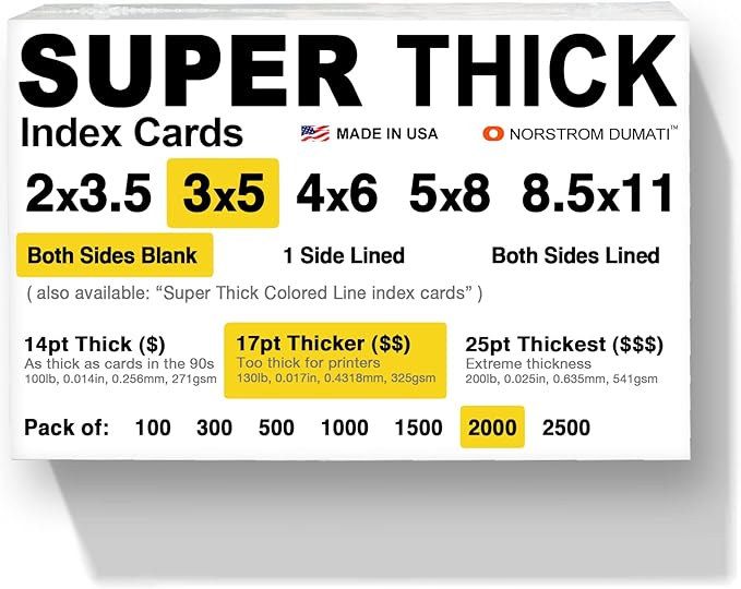2,000 SUPER THICK index cards / 3"x5" / 17pt (0.017") 130lb / blank un-ruled/archival acid-free in bulk