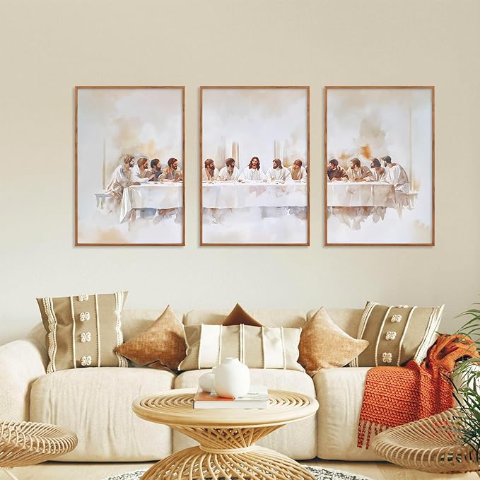 KAIRNE Jesus Last Supper Framed Canvas Wall Art Set, Christian Twelve Apostle Wall Decor, Bible Renaissance wall Painting, Religious Picture Art Print for Living Room, Bedroom, Church, Large 16"x24"x3