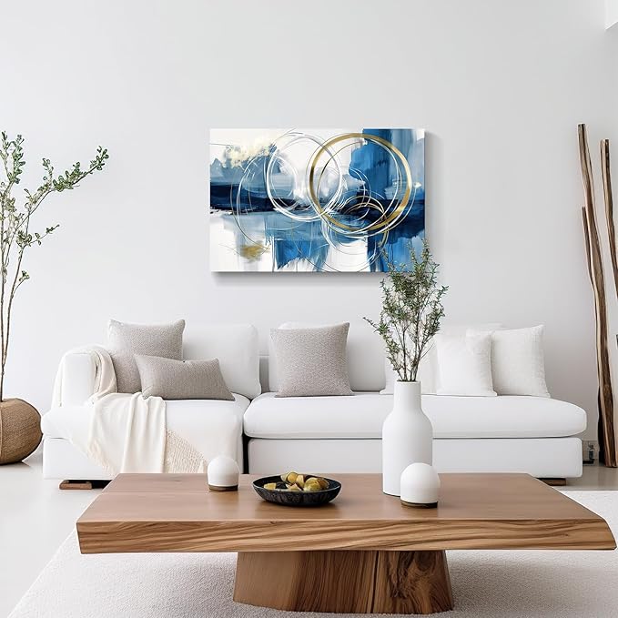 gaosoul Minimalist Abstract Canvas Wall Art Blue and Gold Doodles on White Background Painting Prints Stylish Framed Artwork for Living Room Bedroom Office Decor 36x24in