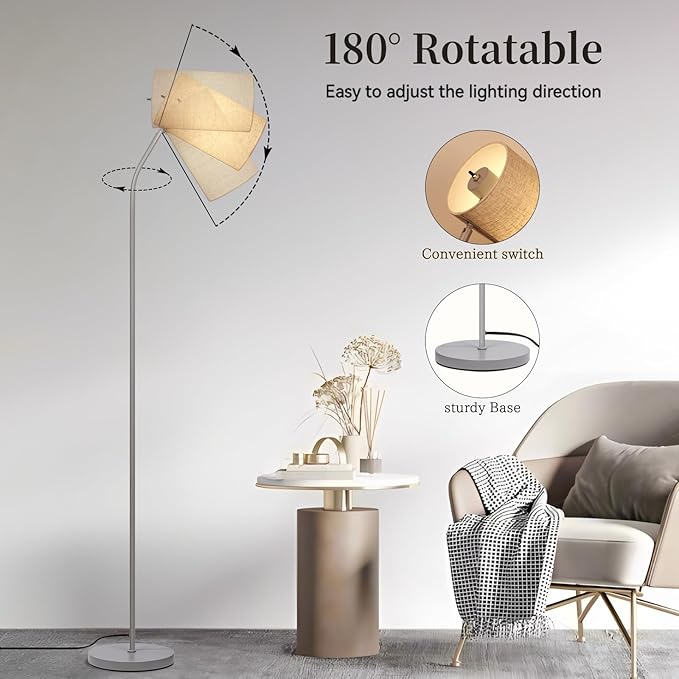 Standing Lamp for Living Room with Remote Control Light Bulb Adjustable Modern Reading Light,Floor Lamps for Bedroom,Office,Farmhouse, LED Bulb Included (Beige/Silver)