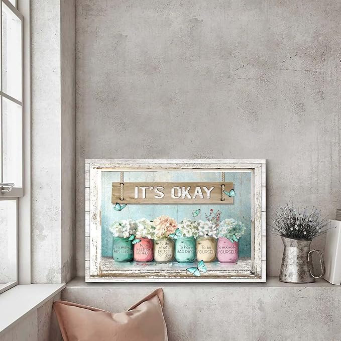 Parylore Inspirational It's Okay Canvas Wall Art Encouraging Bible Verses On Cute Marson Jars and Butterflies Teal Background Artwork for Bedroom Bathroom Office Home Decor 12x16 In
