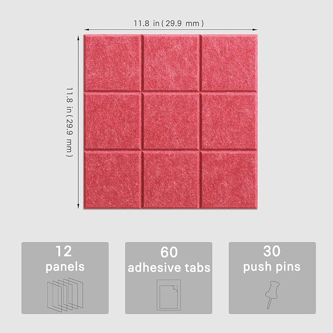 Large Cork Board, 12 Pack Felt Wall Tiles with Safe Removable Adhesive, Bulletin Board for Office, Pin Tack Corkboard for Quilting Design & Dart Wall Protector 48" x 36" - Light Crimson