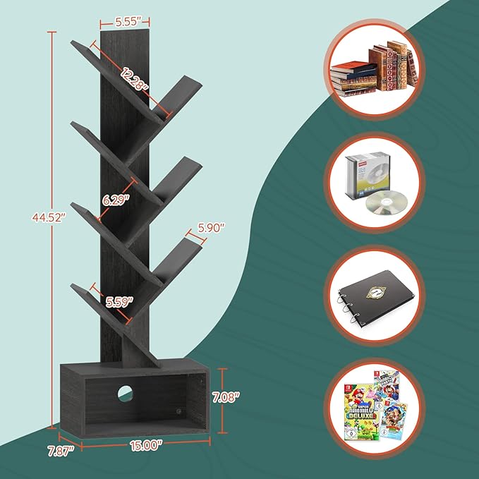 Yoobure Tree Bookshelf - 6 Shelf Retro Floor Standing Bookcase, Tall Wood Book Storage Rack for CDs/Movies, Utility Book Organizer Shelves for Bedroom, Living Room, Home Office, Dark Grey