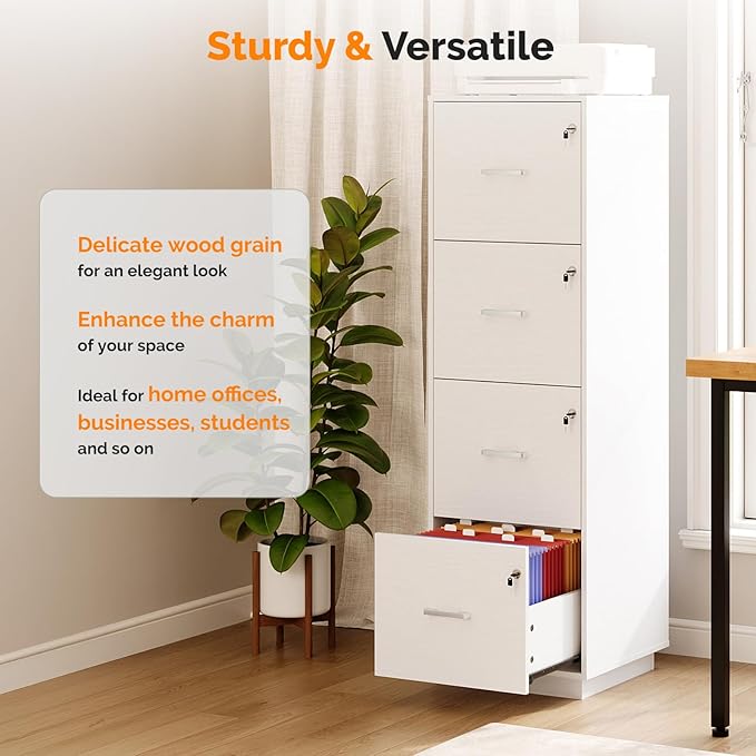 VINGLI 4 Drawer File Cabinet with Lock, Home Office Filing Organizer, for Letter Size File Folder Storage, Wood Tall Vertical Filing Cabinet, Printer Stand, Archivador (White)