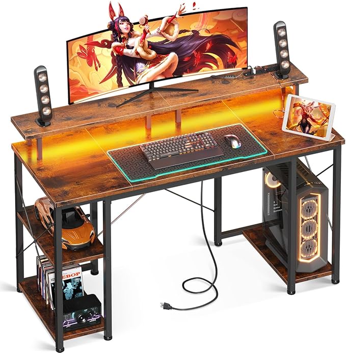 ODK 48 inch Gaming Desk with LED Lights & Power Outlets, Computer Desk with Monitor Stand & Storage Sheves, CPU Stand, Home Office Desk, Vintage