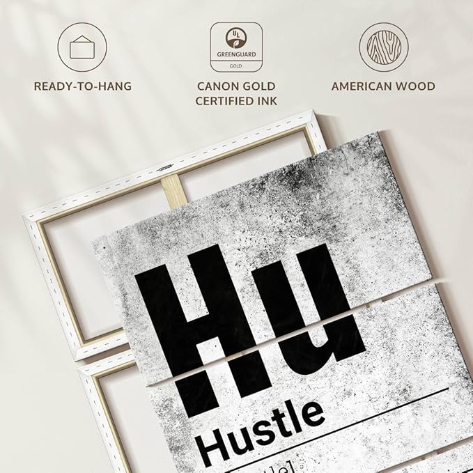 Elephant Stock - Hustle Definition Grunge Wall Art - Vertical Multi Panel Canvas - 3 Piece Living Room Wall Decor - Digital Art Inspirational And Typography Multi Piece Wall Art - Black And Gray Decor - 24" x 38"