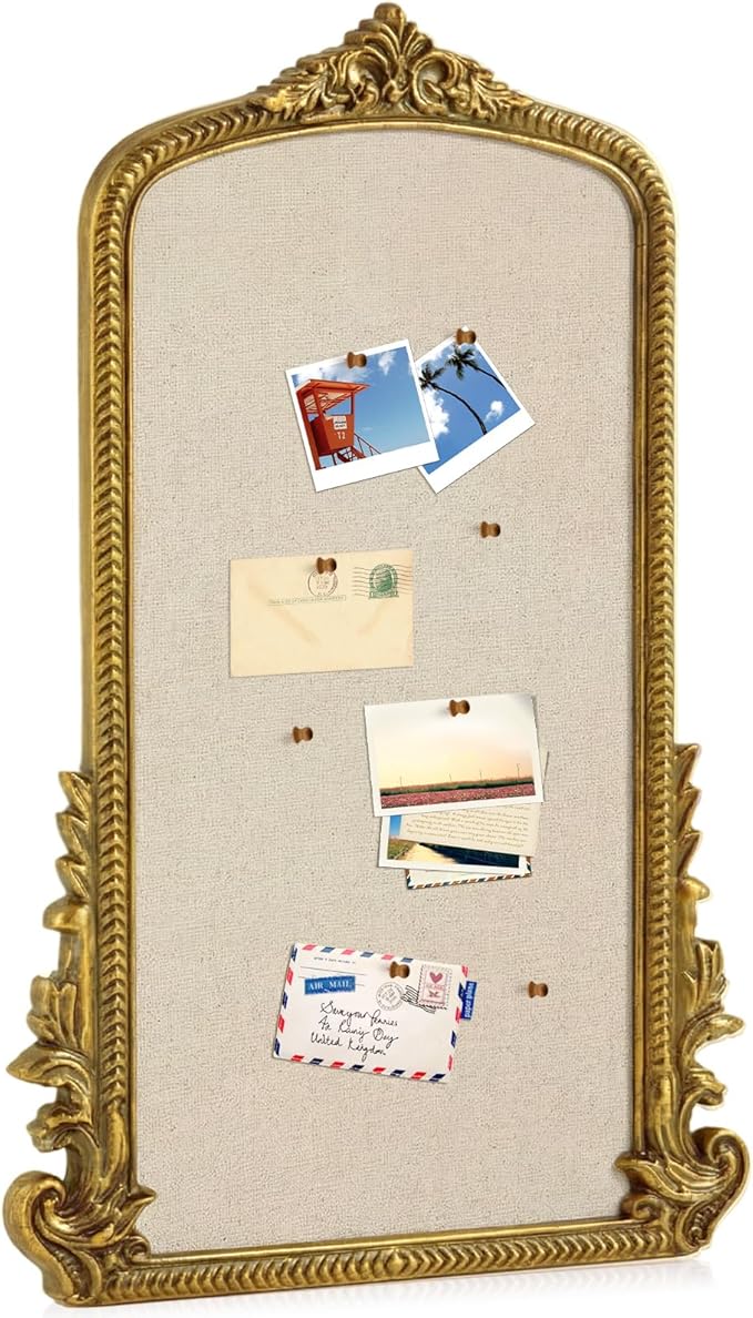 Vintage Framed Pin Board Linen Display Bulletin Board Large Cork Fabric Picture Photo Pinboard Memo Ornate Decorative Pinboard Ornate for Wall Gift(Arch,19" X 31",Gold)