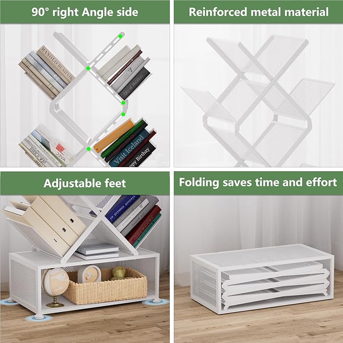 Gintan 9-Tier Corner Bookshelf with Storage,Bedroom Shelves Folding Bookshelves,No Installation Required Shelf Tree Bookcase for Living Room,Study,Home Office,Bed Room (White)