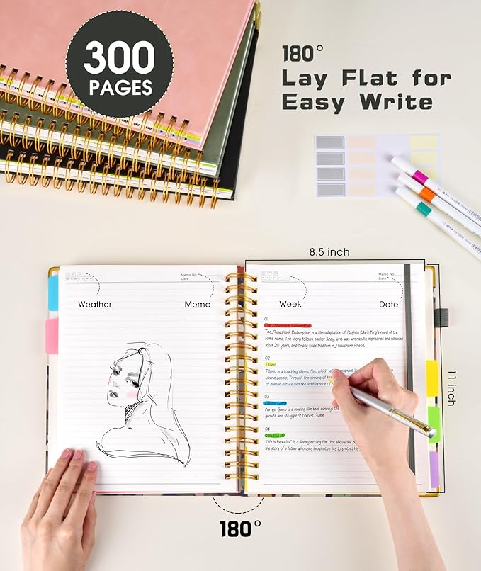 Hardcover Spiral Notebook 8.5"x11" Journal with Removable Dividers Tabs, 300 Pages 5 Subject Notebook College Ruled, Large A4 Notebooks for Work School, Lined Journal for Women, A4 Flower