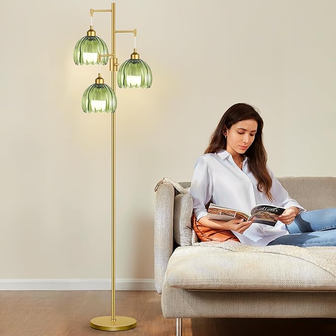 Dimmable Floor Lamps for Living Room-3 Light Gold Floor Lamp with Three Bulbs & Glass Lampshape, Mid Century Modern Standing Lamp Tree Tall Flower Floor Lamp for Bedroom Living Room,Corner
