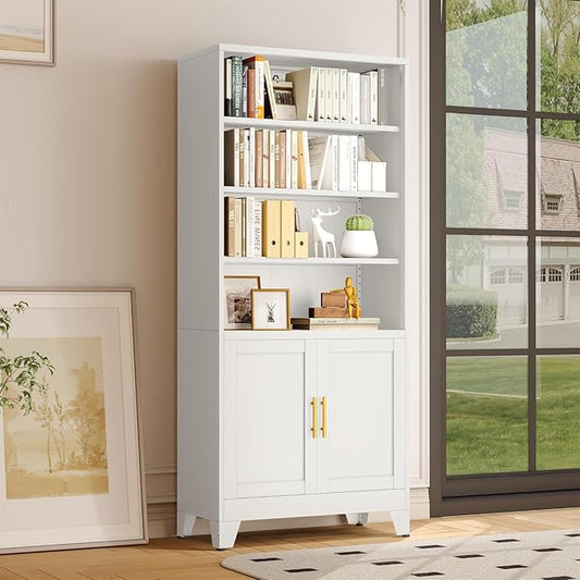 71" H Tall Metal Bookcases and Bookshelves with 2 Doors and Adjustable Shelves，Tall Storage Cabinet Industrial Bookshelf 6-Tier Open Display Shelf，Decor Furniture for Living Room, Bedroom