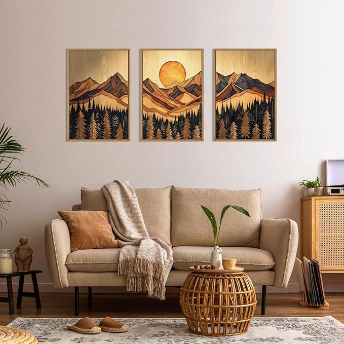 Ausril Woodcut Mountain Pine Tree Framed Canvas Wall Art Set of 3-24x36 Inch, Vintage Nature Forest Wilderness Landscape Print, Brown Boho Style Painting for Living Room, Bedroom, Office Decor