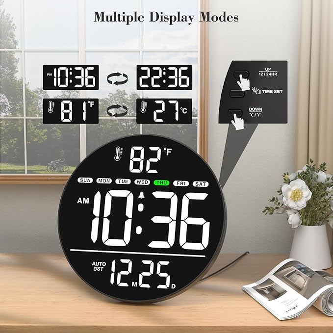 WallarGe Large Digital Wall Clock with LED Display, Electric Wall Clock with Temperature, Auto DST, Date, and Day, 5-Level Brightness for Office, Bedroom, Living Room, Classroom Décor