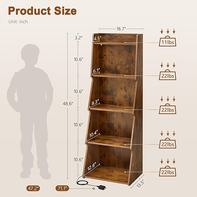 Hoctieon 5-Tier Open Bookcase and Bookshelf with LED Light, Floor Standing Display Storage Shelves, Wood Modern Display Organizer for Home Office, Living Room, Bedroom, Study, Rustic Brown