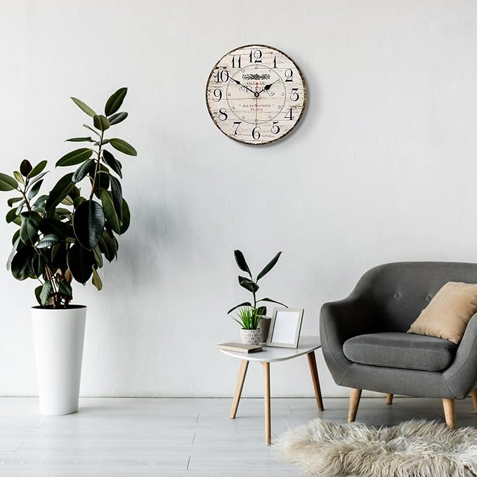 8 Inch Wall Clock Easy to Read Arabic Numerals Wooden Round Wall Clock Silent Non-Ticking Battery Operated Home Wall Clocks Retro French Country Style Art Decor Hanging Clock