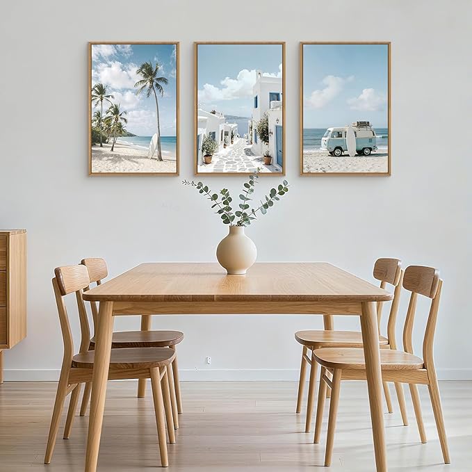 Large Summer Coastal Framed Canvas Wall Art Set,Modern Beach Surfboard Wall Decor,Seaside Palm Tree Art Prints,Vintage Blue Van Artwork for Living Room,Bedroom,Office -16"x24"x3