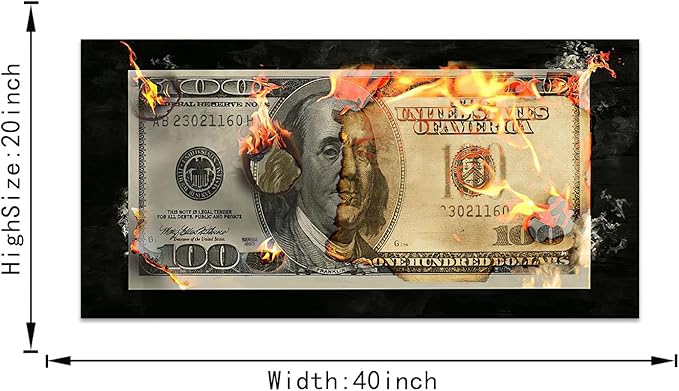 Abstract Creative Dollar Wall Art Burning 100 Bill Money Office Artwork Wall Decor HD Print Flame Dollar Work Art for Study Room Classroom Library Wall Decor Frame and Stretched Easy to Hang-40"Wx20"H