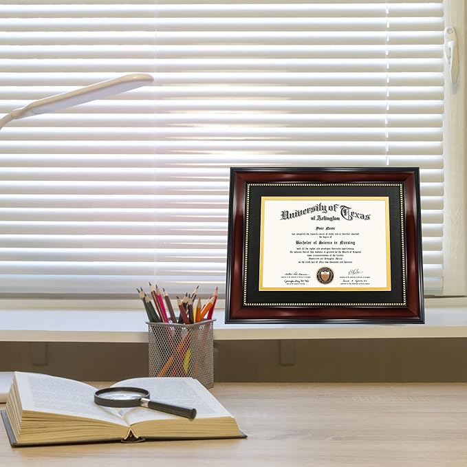 GraduationMall 6x8 Diploma Frame with Black over Gold Mat or Display 8x10 Document without Mat, Tempered Glass, Mahogany with Gold Beads