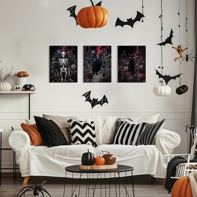 CHIDTB Halloween Gothic Wall Art(Set of 3, 12"x16"), Spooky Crow Skeleton Black Cat Framed Canvas Artwork Painting, Horror Dark Academia Flowers Roses Wall Decor Hanging for Home Gallery Bedroom