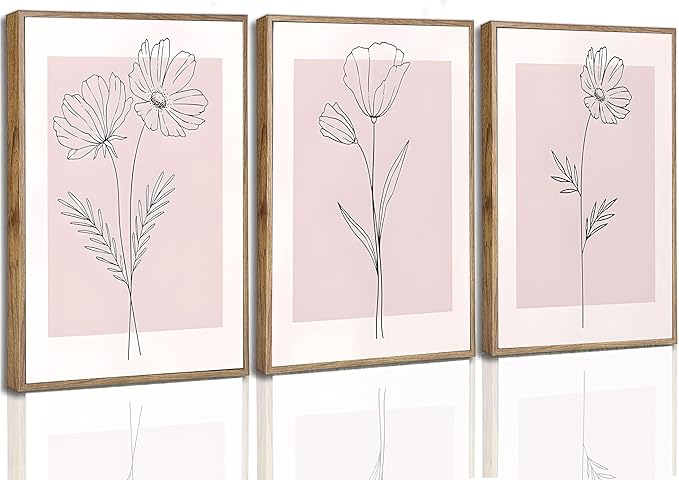 3Pcs Framed Minimalism Botanical Canvas Wall Art Pink Flowers Line Plants Pictures Wall Decor Posters Print Artwork for Girls' Room Living Room Bedroom Bathroom Office Home Decoration