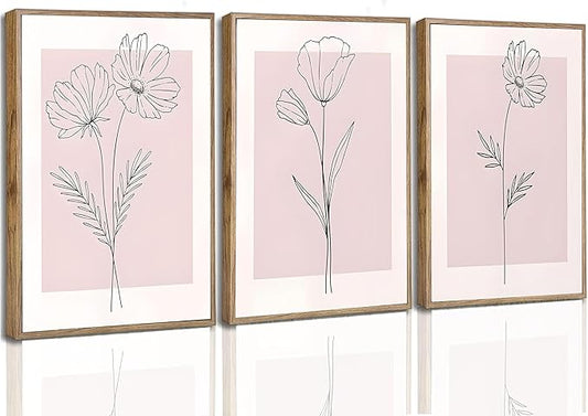 3Pcs Framed Minimalism Botanical Canvas Wall Art Pink Flowers Line Plants Pictures Wall Decor Posters Print Artwork for Girls' Room Living Room Bedroom Bathroom Office Home Decoration
