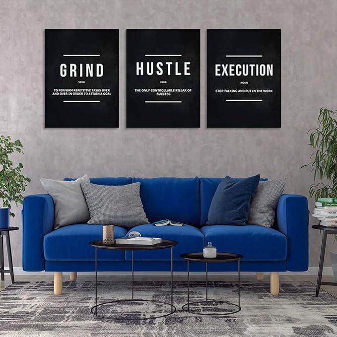 Motivational Hustle Wall Art 3 Panels Inspirational Success Execution Painting Picture Entrepreneur Quote Posters Prints Canvas Wall Decor for Office Living Room Ready to Hang(48”Wx24”H)