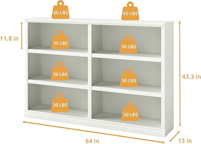 Double Wide Open Shelf Bookcase - 3 Tiers 6 Storage Cube Adjustable Space Book Case, Display Cabinet Organizer with Bookshelf, 64.8 inch Width Indoor Furniture for Home Library Office, White