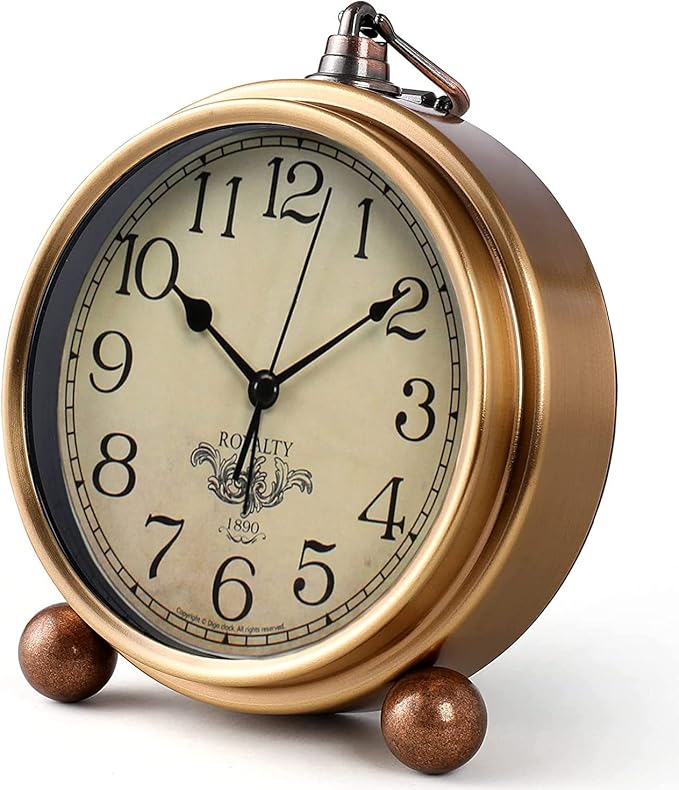 Maxspace Metal Golden Table Clock, Retro Vintage Non-Ticking Small Alarm Clock,Battery Operated Silent Quartz Movement HD Glass Desk Clock for Bedroom Living Room Indoor Decoration Kids… (Arabic2)