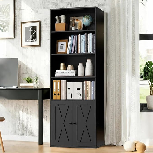 Vongrasig Farmhouse Bookcase with Doors & Storage, Tall 6-Tier Wood Bookshelf for Home Office Organization, Living Room Display, and Bedroom Storage Alternatives, 71-Inch Standing Shelf, Black