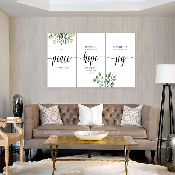 3 Piece Inspirational Wall Art, White Plants Background Picture, Quotes "Peace Hope Joy" Canvas Print for Home Decor, Triptych Motivational Poster Framed Artwork for Classroom Wall Decor (72"Wx36" H)