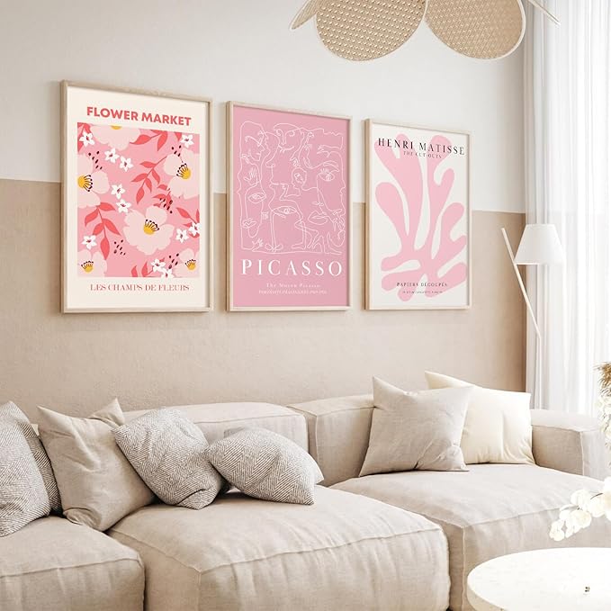 Matisse Abstract Wall Art Decor Pink Flower Canvas Pictures Picasso Aesthetic Wall Art Henri Matisse Prints Poster Abstract Flower Painting Market Artwork for Bedroom 16x24 Inch Unframed Set of 3
