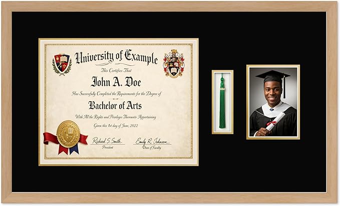 CountryArtHouse Diploma Tassel and Photo Shadowbox Fits 15 x 12 Military/Government with Tassel Hook and 5 Natural Wood Genuine Hardwood with Black Over Metallic Gold Double mat