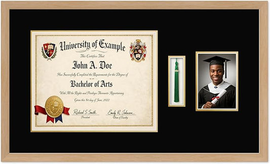 CountryArtHouse Diploma Tassel and Photo Shadowbox Fits 15 x 12 Military/Government with Tassel Hook and 5 Natural Wood Genuine Hardwood with Black Over Metallic Gold Double mat