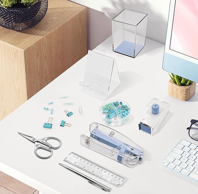 DRQ Blue Desk Organizers and Accessories Office Supplies, 10Pcs Set for Office with Stapler, Tape Dispenser, Pens, Pen Holder, Phone Holder, Tape, Ruler, 1 Box Staple, Scissors and 1 Box of Clip